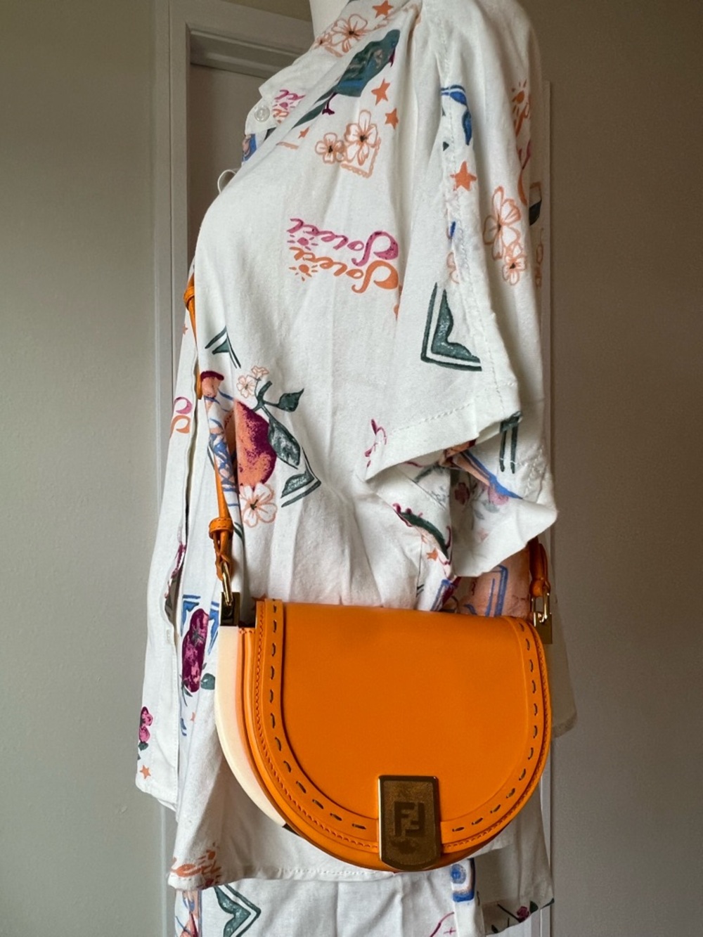 Fendi Orange and Cream Leather Saddle Crossbody Bag
